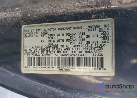 2002 Toyota Tundra из США, поврежденный, VIN 5TBJN32112S236145